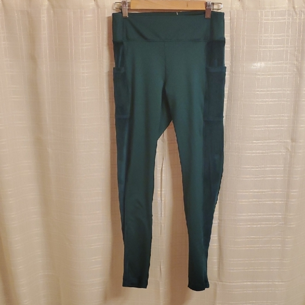 Pink Leggings Women's Size Large L Emerald Green Legging Velour Type Side Panels - Picture 3 of 13